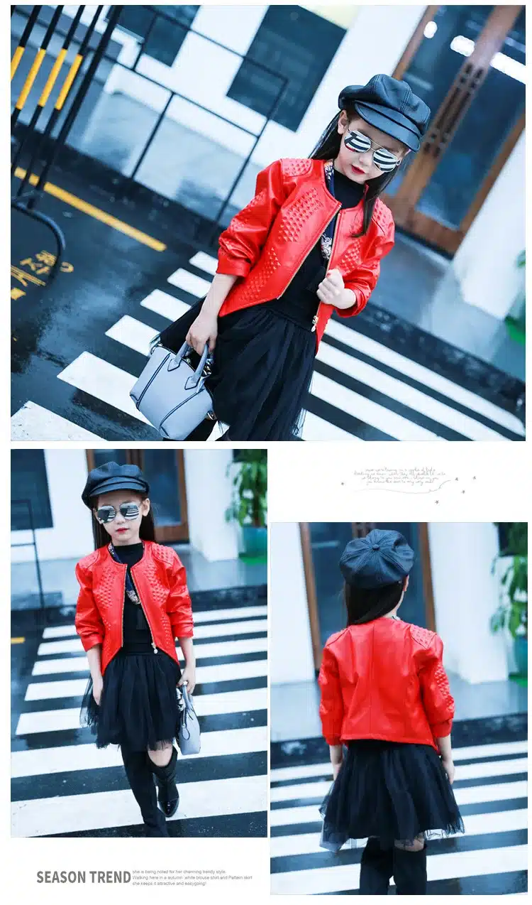 3-12Y Fashion Red Black 2017 Spring Long Sleeve Coat Kids Big Girls Jacket PU Leather Girl Jacket Children Outerwear 6