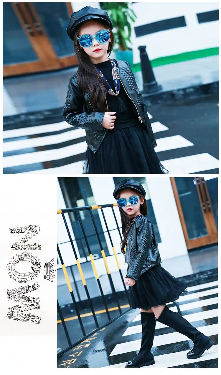 3-12Y Fashion Red Black 2017 Spring Long Sleeve Coat Kids Big Girls Jacket PU Leather Girl Jacket Children Outerwear 7