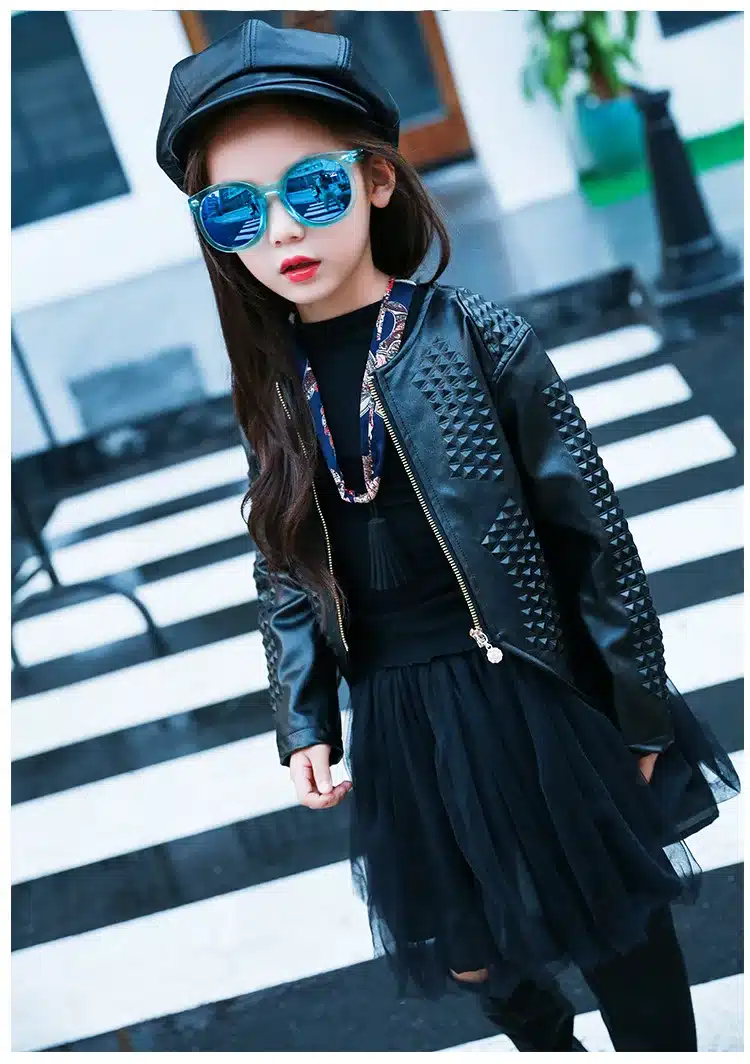 3-12Y Fashion Red Black 2017 Spring Long Sleeve Coat Kids Big Girls Jacket PU Leather Girl Jacket Children Outerwear 8