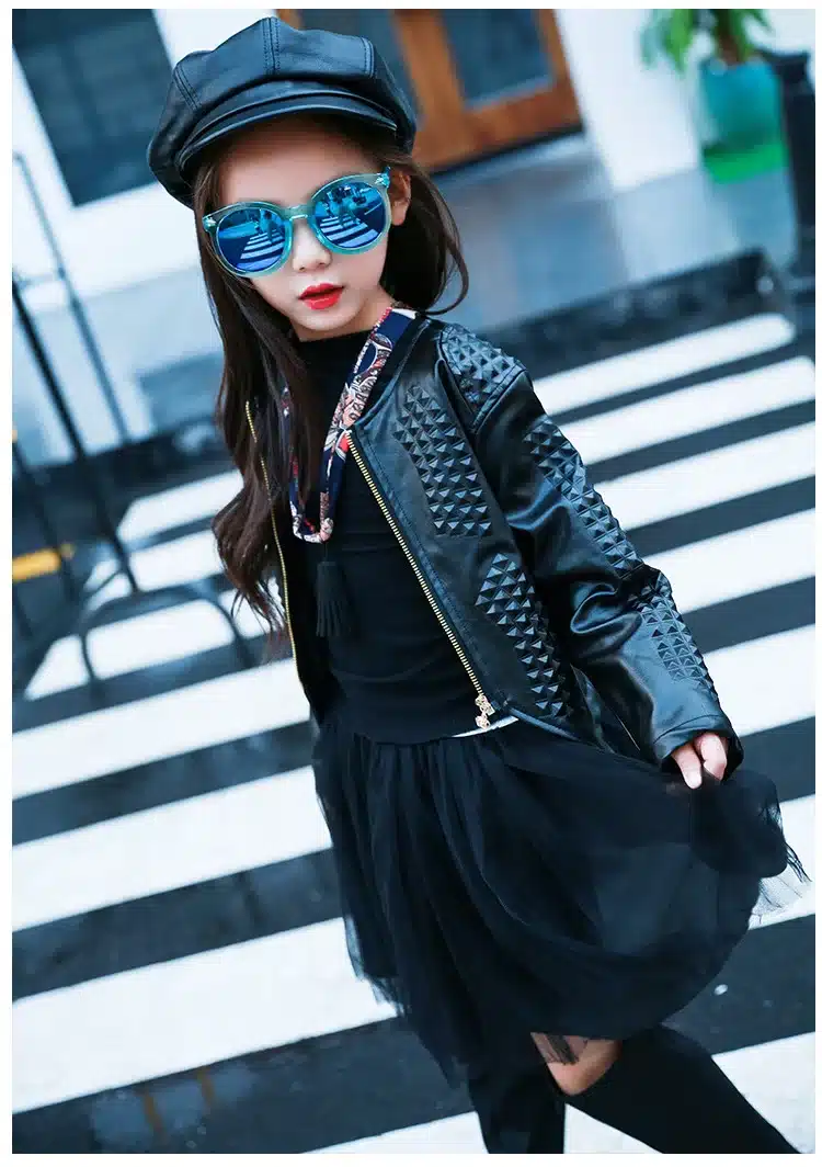 3-12Y Fashion Red Black 2017 Spring Long Sleeve Coat Kids Big Girls Jacket PU Leather Girl Jacket Children Outerwear 9