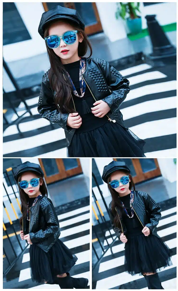 3-12Y Fashion Red Black 2017 Spring Long Sleeve Coat Kids Big Girls Jacket PU Leather Girl Jacket Children Outerwear 11