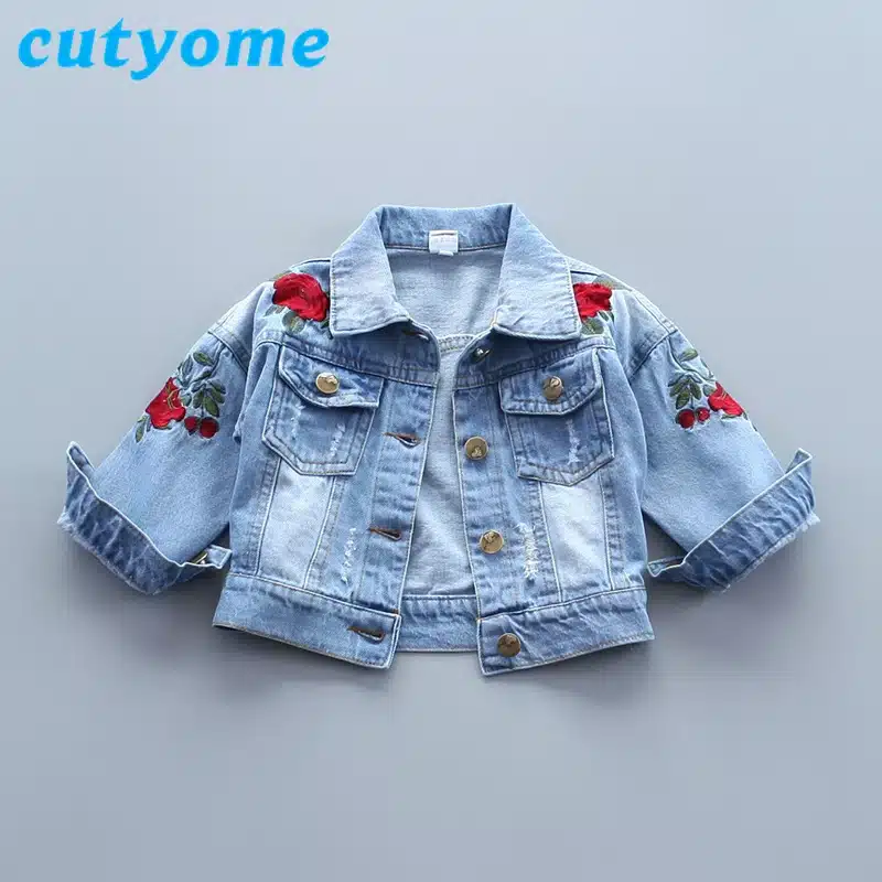 Cutyome Spring Children's Jeans Jacket For Baby Girls Fashion Rose Flower Embroidery Bomber Blazer Fall Toddler Kids Denim Coats 11