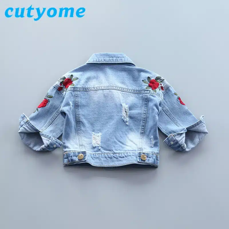 Cutyome Spring Children's Jeans Jacket For Baby Girls Fashion Rose Flower Embroidery Bomber Blazer Fall Toddler Kids Denim Coats 12