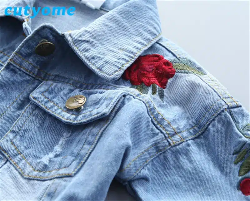 Cutyome Spring Children's Jeans Jacket For Baby Girls Fashion Rose Flower Embroidery Bomber Blazer Fall Toddler Kids Denim Coats 14