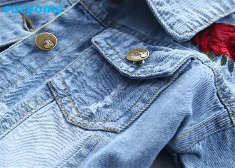 Cutyome Spring Children's Jeans Jacket For Baby Girls Fashion Rose Flower Embroidery Bomber Blazer Fall Toddler Kids Denim Coats 18