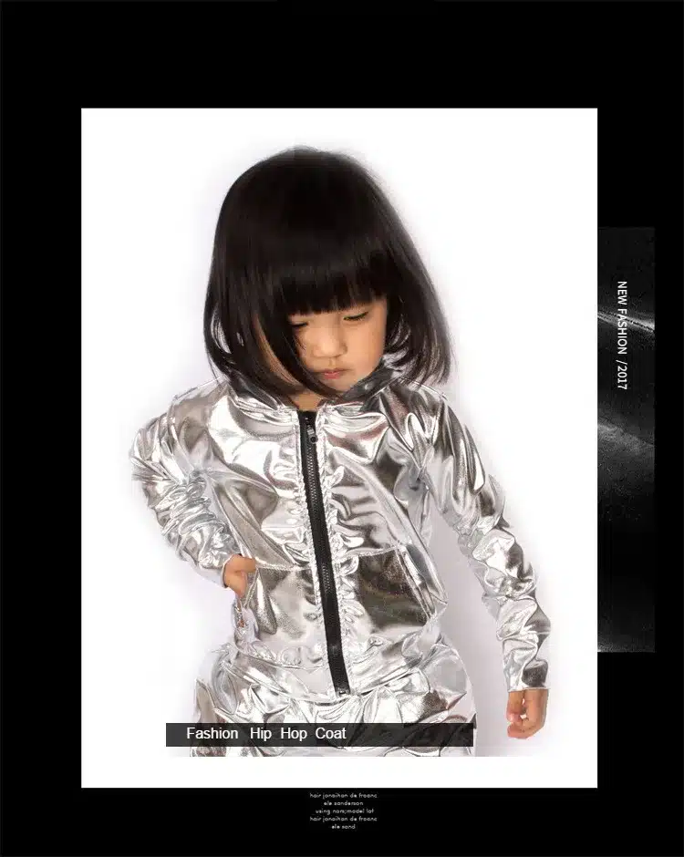 Spring Autumn Kids Silver bomber Jacket Stage Performance Wear paillette feminina casaco Hip Hop dance coat 14