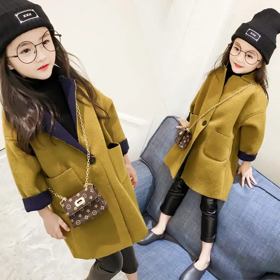 2018 New Fashion Spring Autumn Girls Kids Wool Thin Jacket Coat Outer Clothing Comfortable Baby Girls Clothes Dark Yellow Color 2