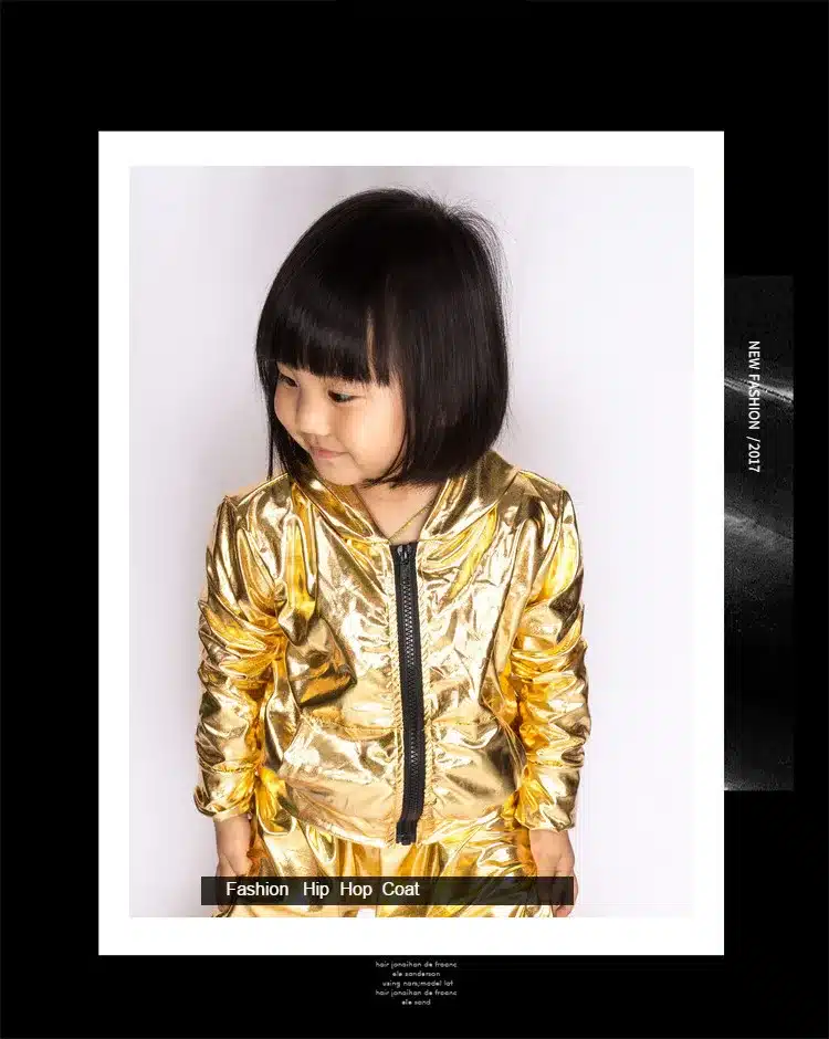 Spring Autumn Kids Gold bomber Jacket Stage Performance Wear paillette feminina casaco Hip Hop dance coat 14