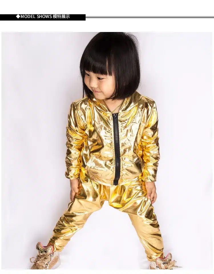 Spring Autumn Kids Gold bomber Jacket Stage Performance Wear paillette feminina casaco Hip Hop dance coat 16