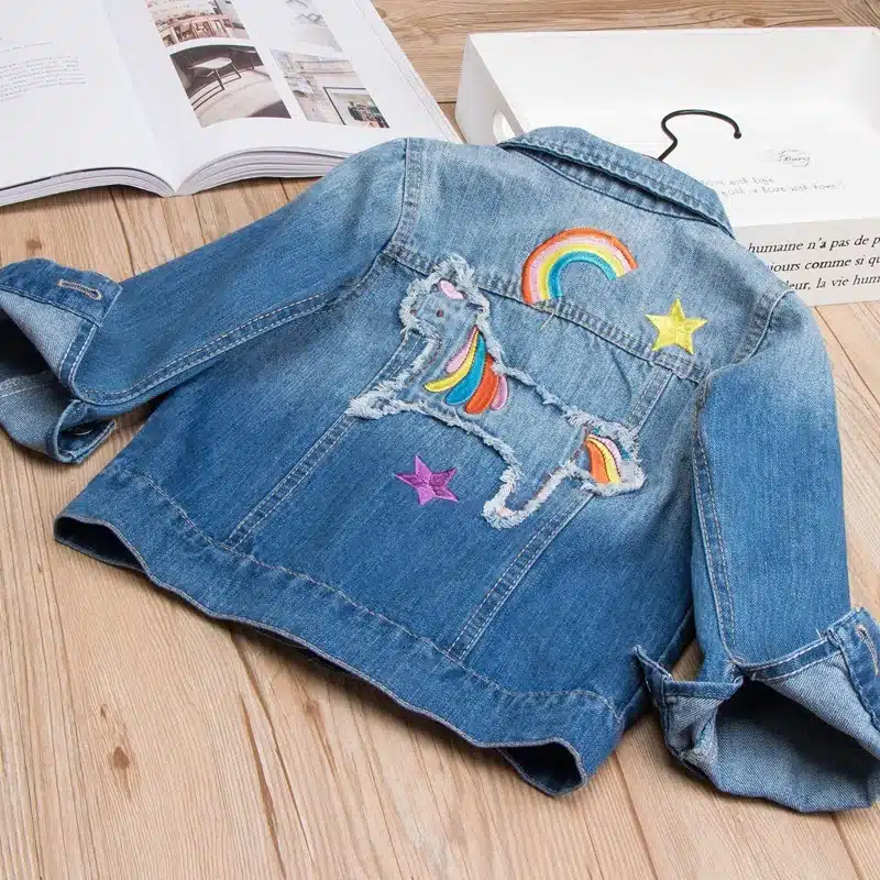 2018 Spring Autumn Girls Denim Jacket Children Jeans Jacket Rainbow Unicorn Embroidered Kids Denim Coat For Girls Clothing 14