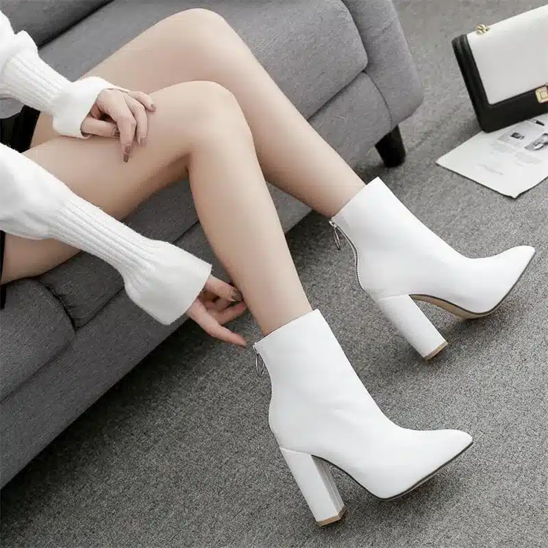 BAYUXSHUO New Women Ankle Boots Roman High Heels Square Heel Booties Fashion Brand Design Ladies Party Shoes Woman White Black 11