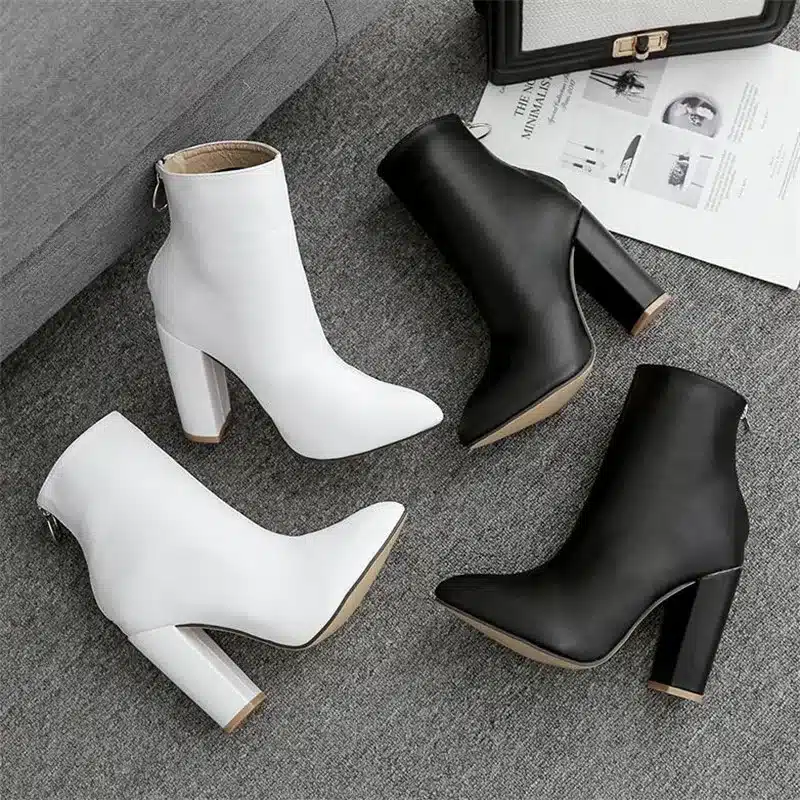 BAYUXSHUO New Women Ankle Boots Roman High Heels Square Heel Booties Fashion Brand Design Ladies Party Shoes Woman White Black 12