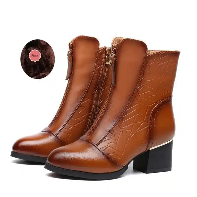 BEYARNE Female Autumn Spring Winter Big Size Genuine Leather Ankle Boots For Women Fashion Med Heels Soft Plush Warm Boots Ladi 2