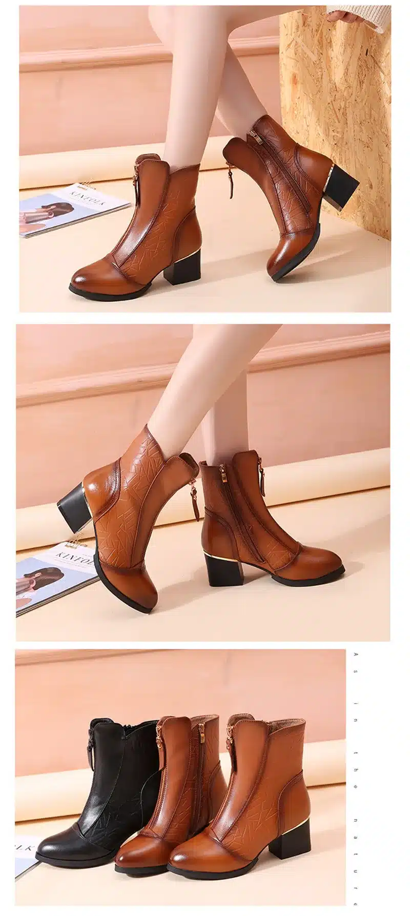 BEYARNE Female Autumn Spring Winter Big Size Genuine Leather Ankle Boots For Women Fashion Med Heels Soft Plush Warm Boots Ladi 4