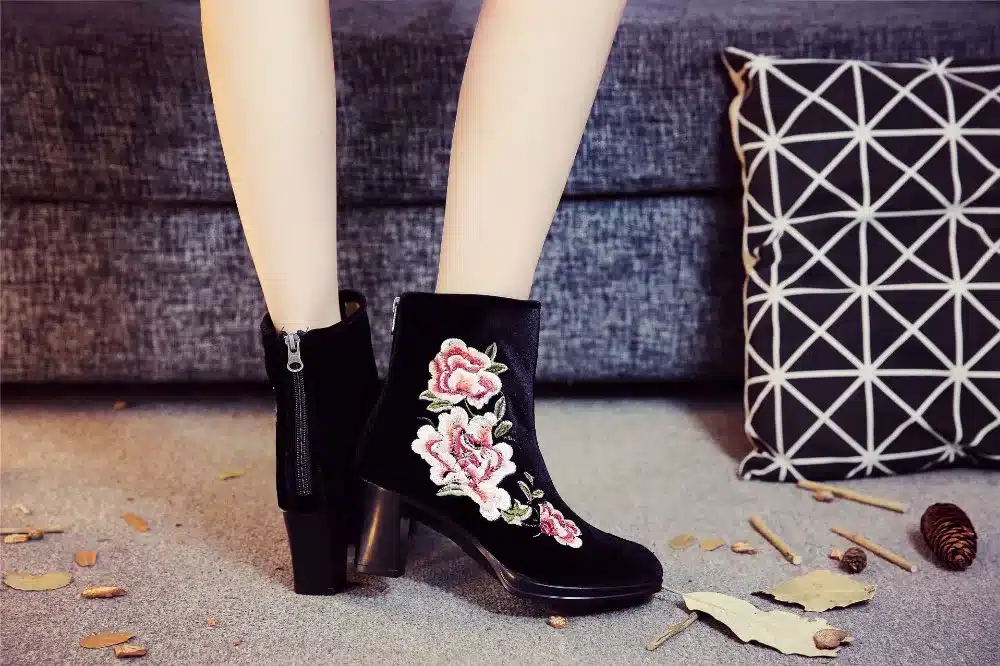 Veowalk High End Floral Embroidered Women Cotton Short Ankle Boots Ladies Casual Block High Heel Pumps Shoes for Elegant Ladies 13