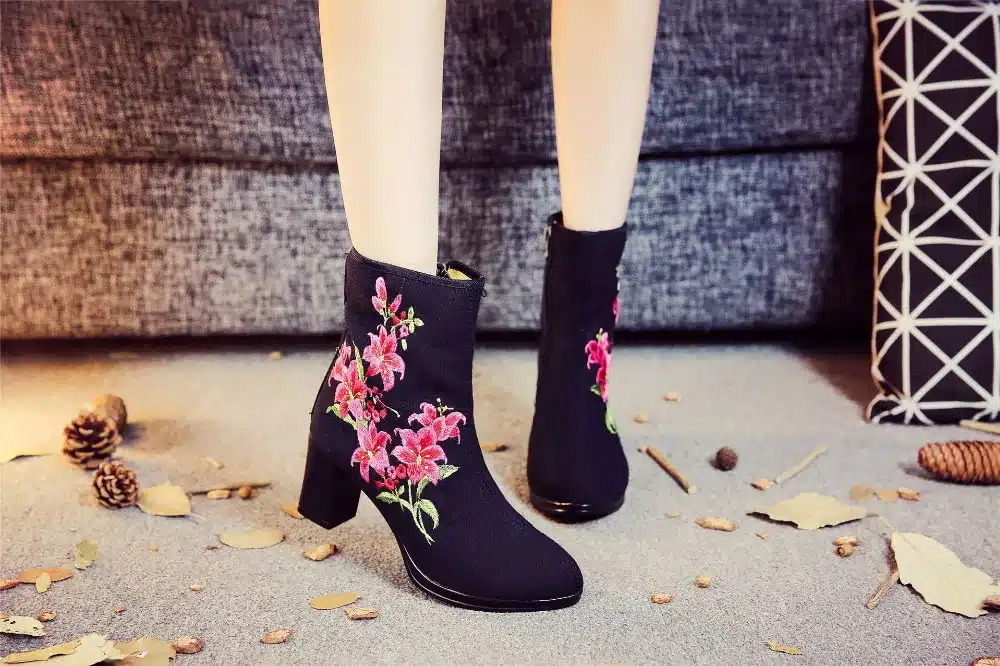 Veowalk High End Floral Embroidered Women Cotton Short Ankle Boots Ladies Casual Block High Heel Pumps Shoes for Elegant Ladies 14