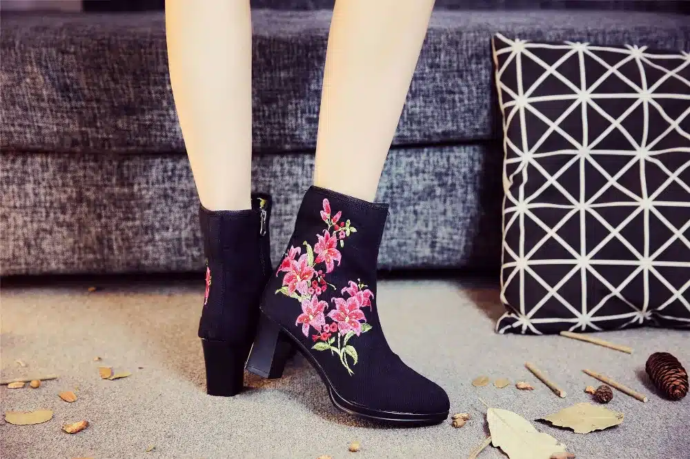 Veowalk High End Floral Embroidered Women Cotton Short Ankle Boots Ladies Casual Block High Heel Pumps Shoes for Elegant Ladies 15