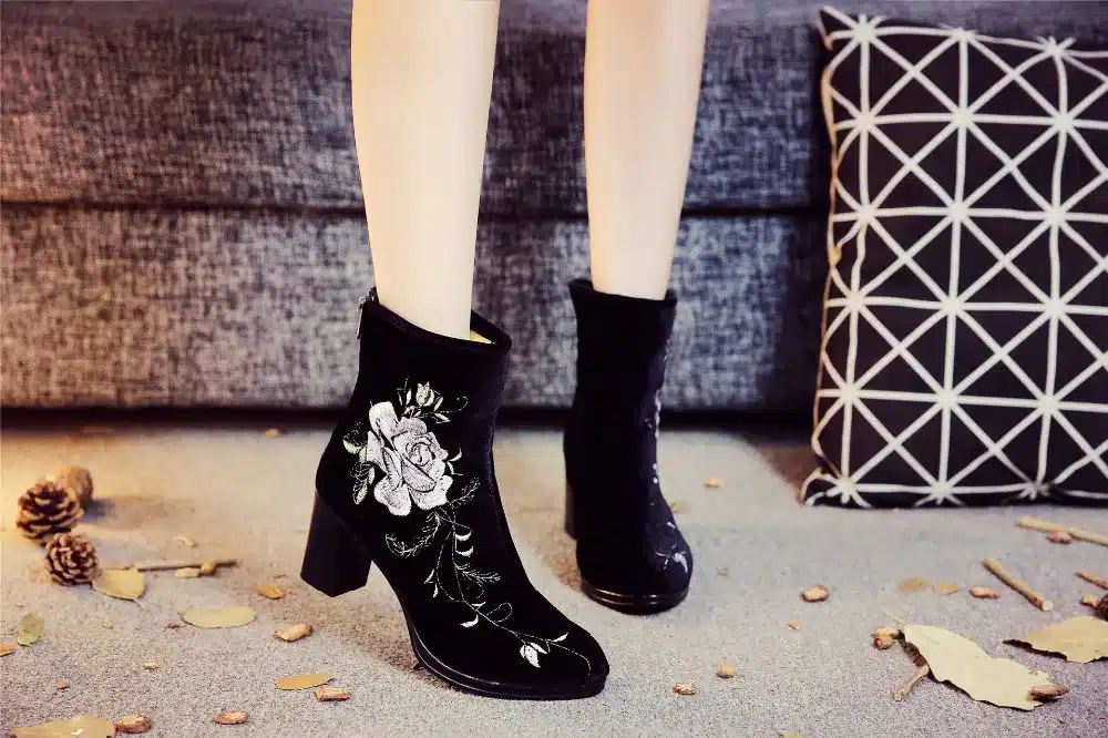 Veowalk High End Floral Embroidered Women Cotton Short Ankle Boots Ladies Casual Block High Heel Pumps Shoes for Elegant Ladies 16