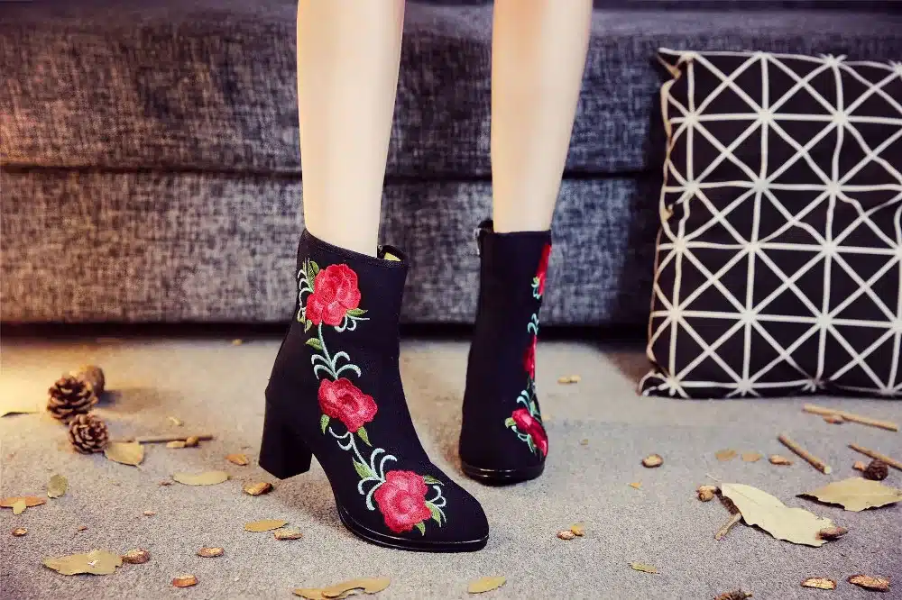 Veowalk High End Floral Embroidered Women Cotton Short Ankle Boots Ladies Casual Block High Heel Pumps Shoes for Elegant Ladies 18