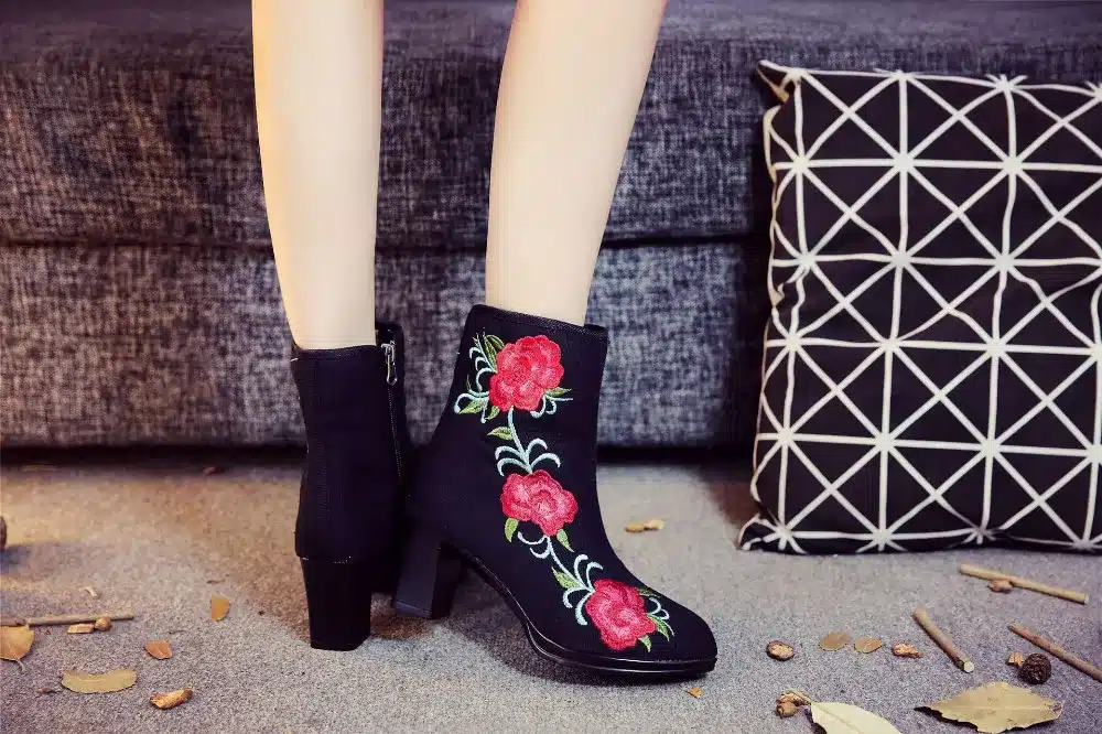 Veowalk High End Floral Embroidered Women Cotton Short Ankle Boots Ladies Casual Block High Heel Pumps Shoes for Elegant Ladies 19