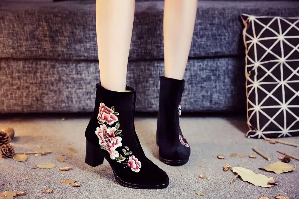 Veowalk High End Floral Embroidered Women Cotton Short Ankle Boots Ladies Casual Block High Heel Pumps Shoes for Elegant Ladies 20