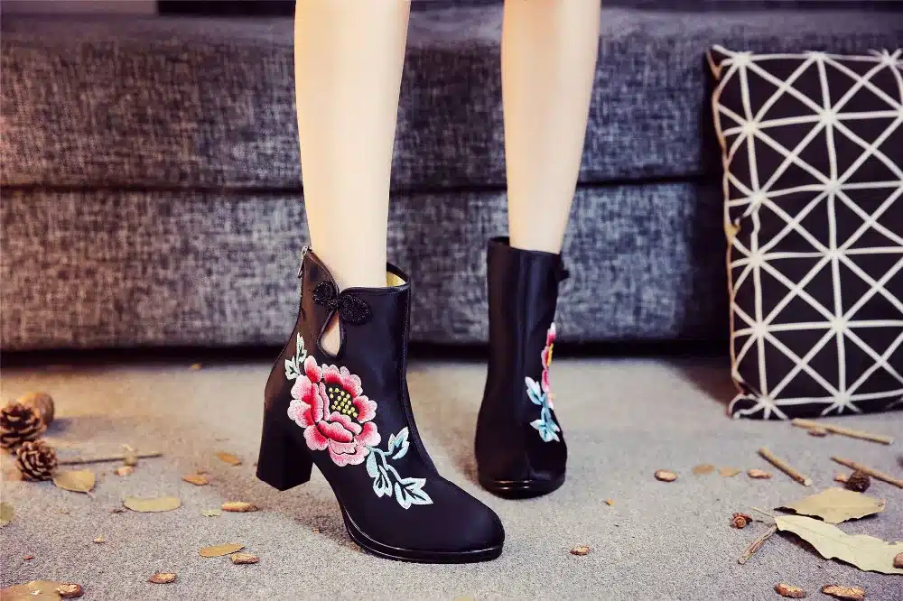 Veowalk High End Floral Embroidered Women Cotton Short Ankle Boots Ladies Casual Block High Heel Pumps Shoes for Elegant Ladies 21