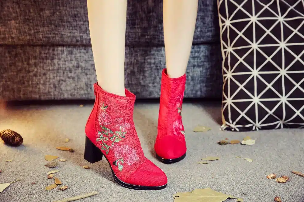Veowalk High End Floral Embroidered Women Cotton Short Ankle Boots Ladies Casual Block High Heel Pumps Shoes for Elegant Ladies 22