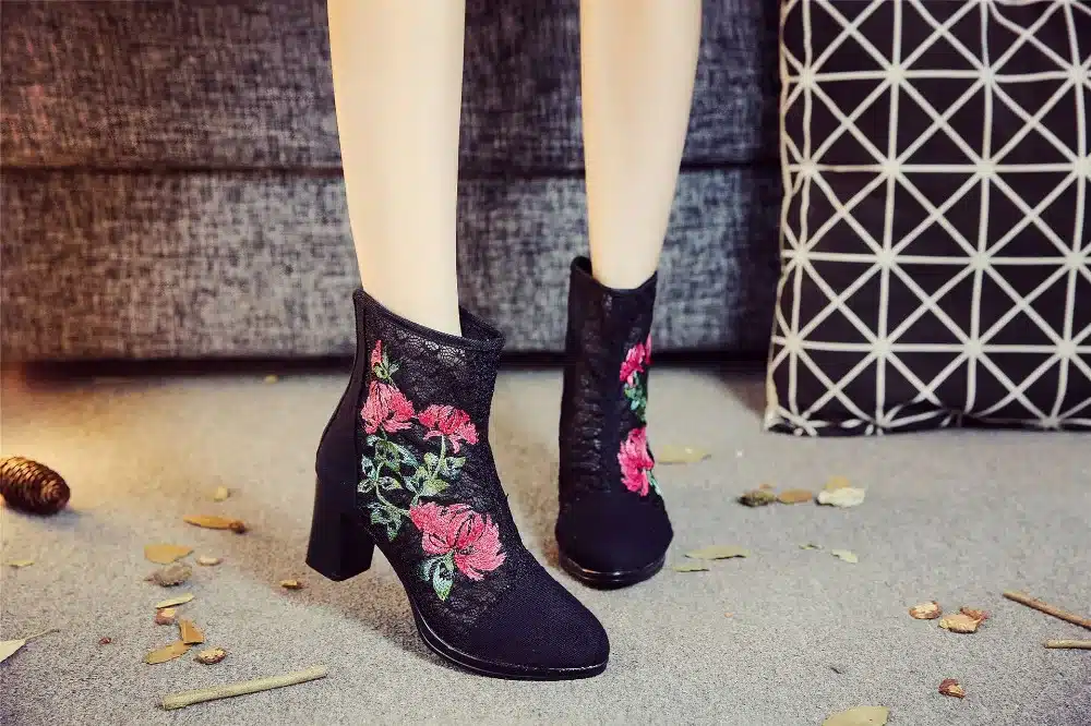 Veowalk High End Floral Embroidered Women Cotton Short Ankle Boots Ladies Casual Block High Heel Pumps Shoes for Elegant Ladies 23