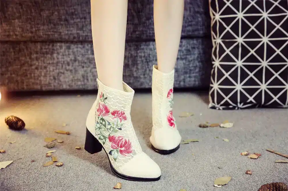 Veowalk High End Floral Embroidered Women Cotton Short Ankle Boots Ladies Casual Block High Heel Pumps Shoes for Elegant Ladies 24