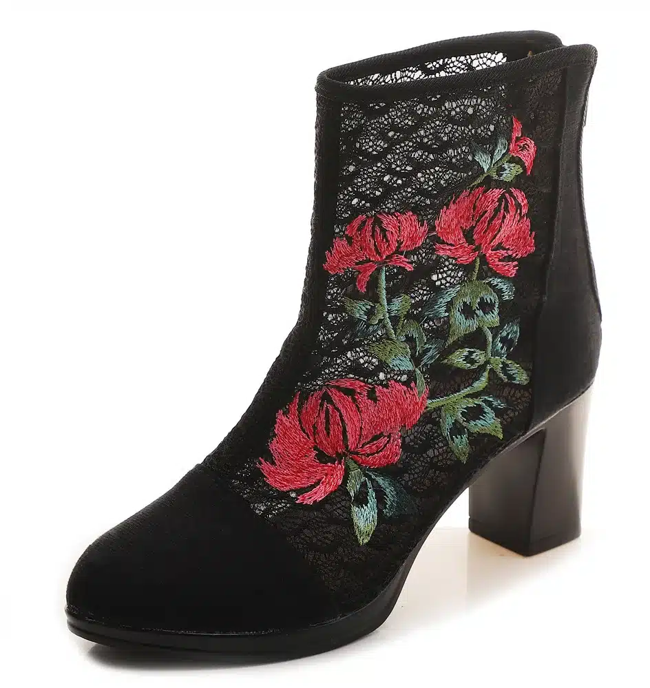 Veowalk High End Floral Embroidered Women Cotton Short Ankle Boots Ladies Casual Block High Heel Pumps Shoes for Elegant Ladies 25