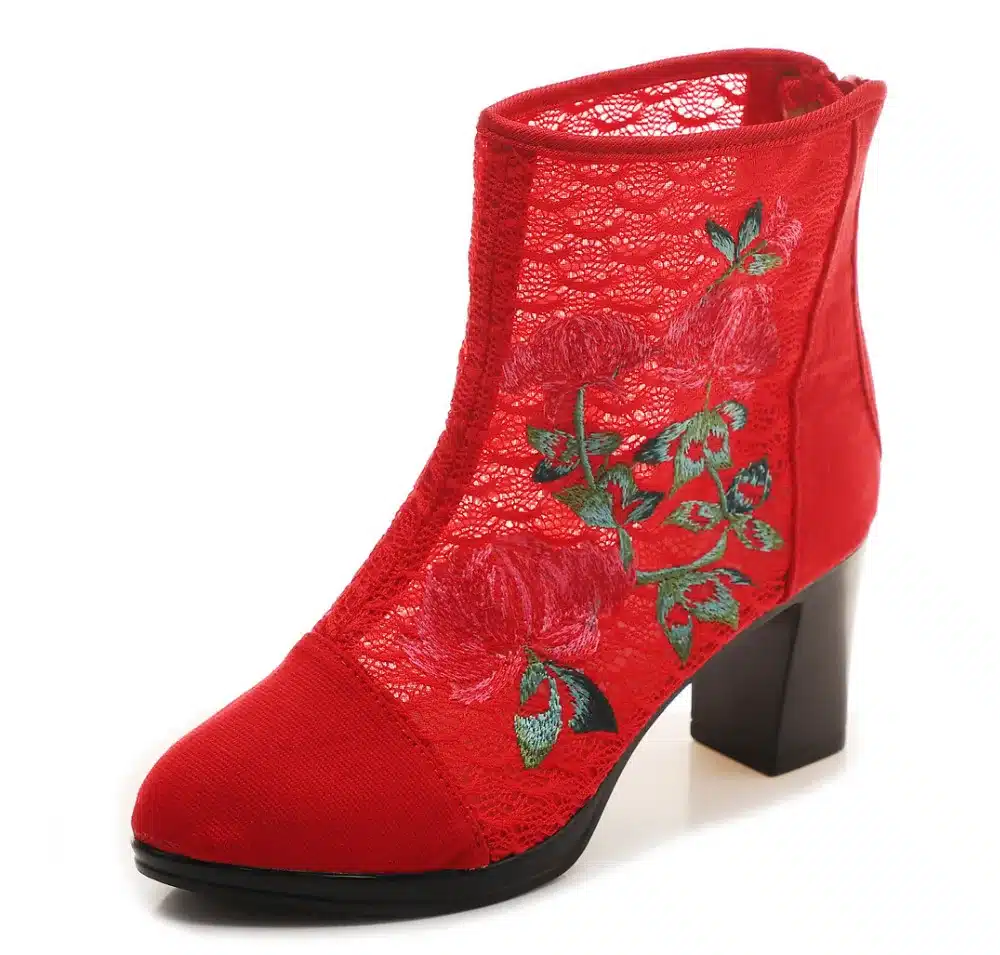 Veowalk High End Floral Embroidered Women Cotton Short Ankle Boots Ladies Casual Block High Heel Pumps Shoes for Elegant Ladies 26