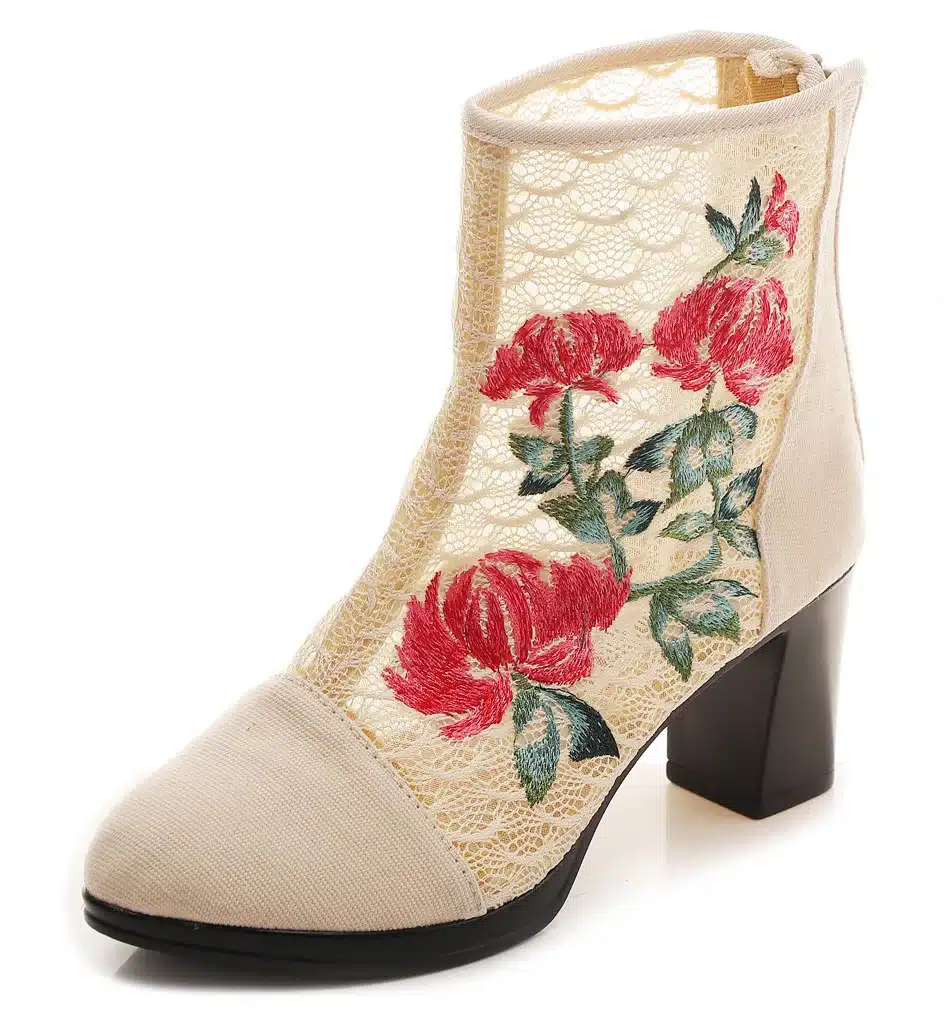 Veowalk High End Floral Embroidered Women Cotton Short Ankle Boots Ladies Casual Block High Heel Pumps Shoes for Elegant Ladies 27