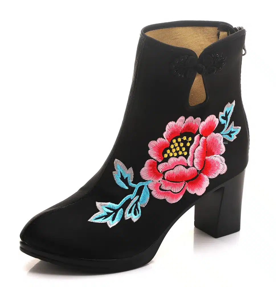 Veowalk High End Floral Embroidered Women Cotton Short Ankle Boots Ladies Casual Block High Heel Pumps Shoes for Elegant Ladies 28
