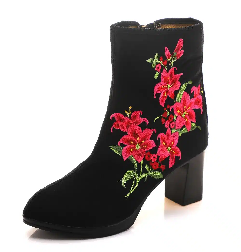 Veowalk High End Floral Embroidered Women Cotton Short Ankle Boots Ladies Casual Block High Heel Pumps Shoes for Elegant Ladies 29