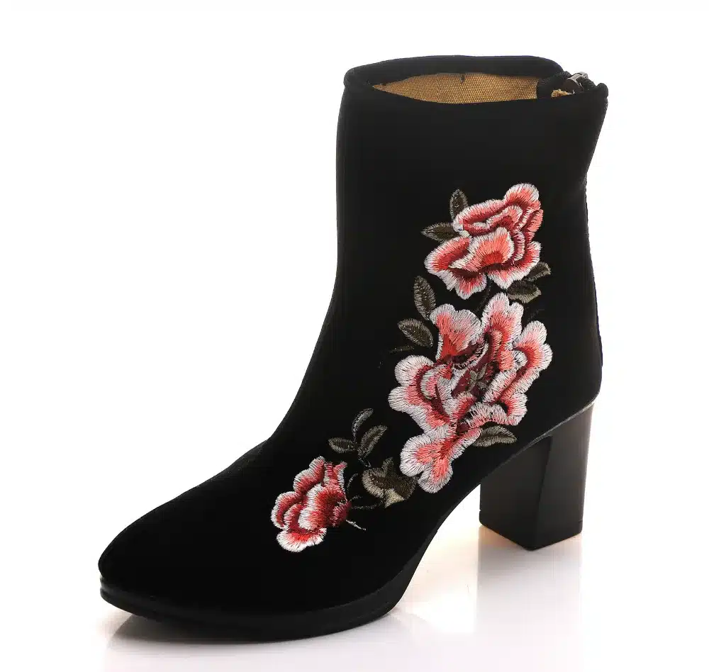 Veowalk High End Floral Embroidered Women Cotton Short Ankle Boots Ladies Casual Block High Heel Pumps Shoes for Elegant Ladies 30