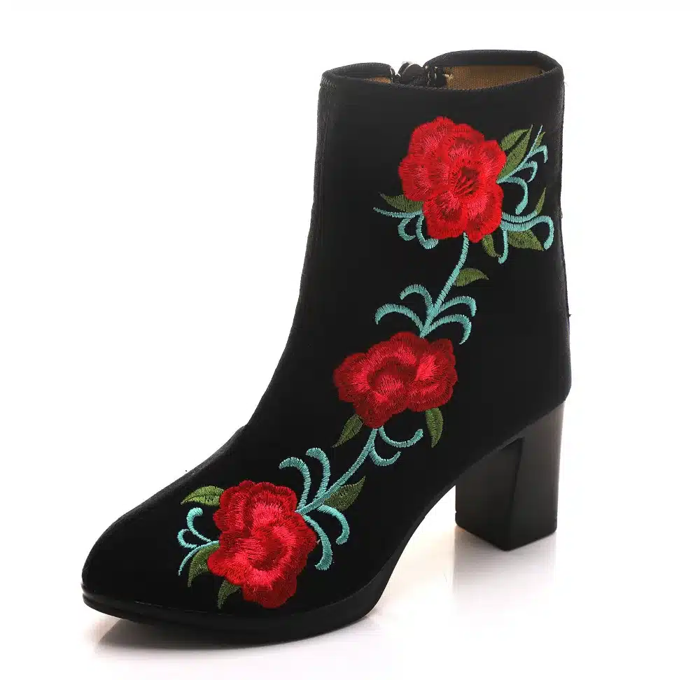 Veowalk High End Floral Embroidered Women Cotton Short Ankle Boots Ladies Casual Block High Heel Pumps Shoes for Elegant Ladies 31