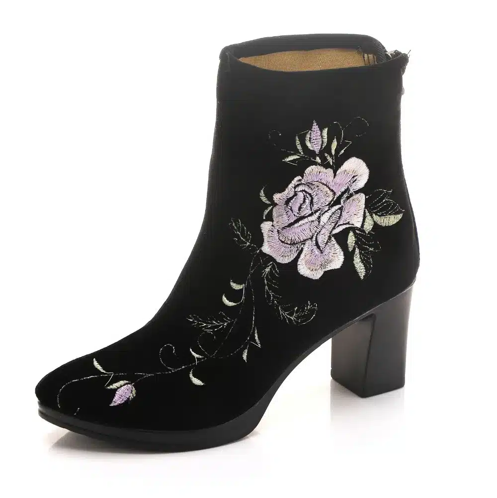 Veowalk High End Floral Embroidered Women Cotton Short Ankle Boots Ladies Casual Block High Heel Pumps Shoes for Elegant Ladies 32
