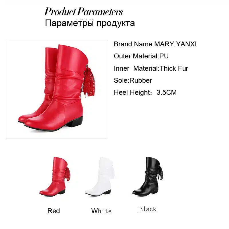 Women Lace Up Boots Winter Shoes Woman Fur Warm Boots Fashion Square High Heels Ankle Boots Black White Red Boots 2