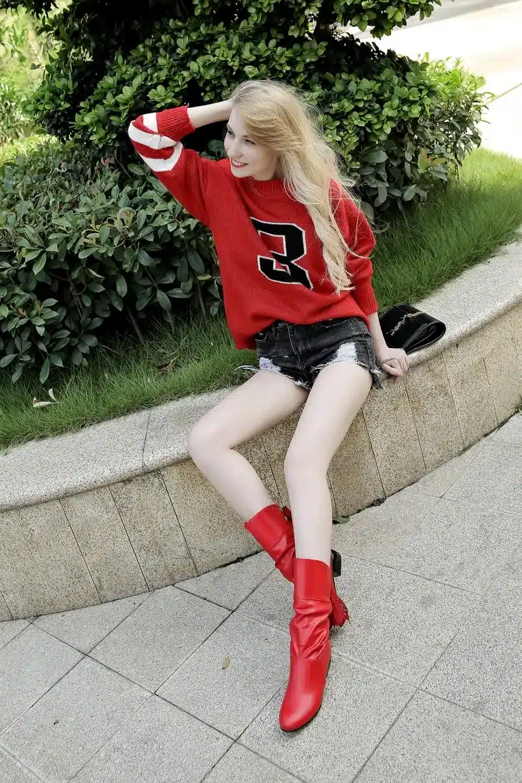 Women Lace Up Boots Winter Shoes Woman Fur Warm Boots Fashion Square High Heels Ankle Boots Black White Red Boots 4