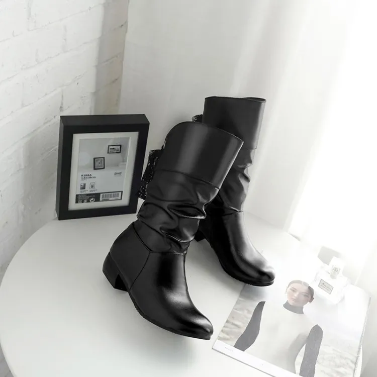 Women Lace Up Boots Winter Shoes Woman Fur Warm Boots Fashion Square High Heels Ankle Boots Black White Red Boots 6