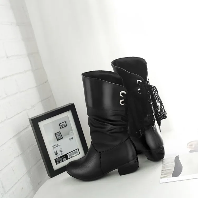 Women Lace Up Boots Winter Shoes Woman Fur Warm Boots Fashion Square High Heels Ankle Boots Black White Red Boots 7