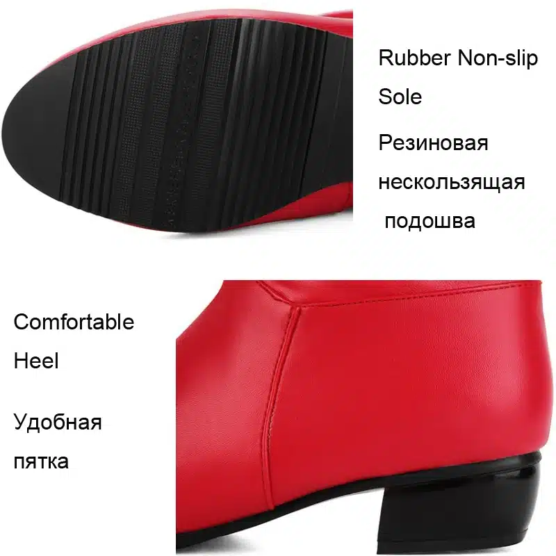 Women Lace Up Boots Winter Shoes Woman Fur Warm Boots Fashion Square High Heels Ankle Boots Black White Red Boots 12