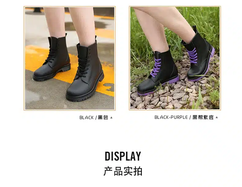 2018 Rain Boots Waterproof Shoes Woman Water Rubber Lace Up Martin Boots Sewing Solid Flat with Shoes ghn86 4