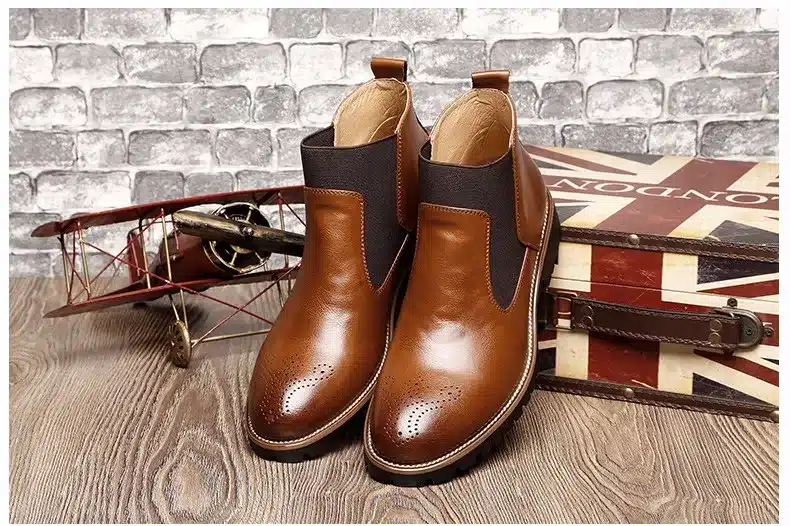 MRCCS Winter Fur/Spring Men's Chelsea Boots,British Style Fashion Ankle Boots,Black/Brown/Red Brogues Soft Leather Casual Shoes 8