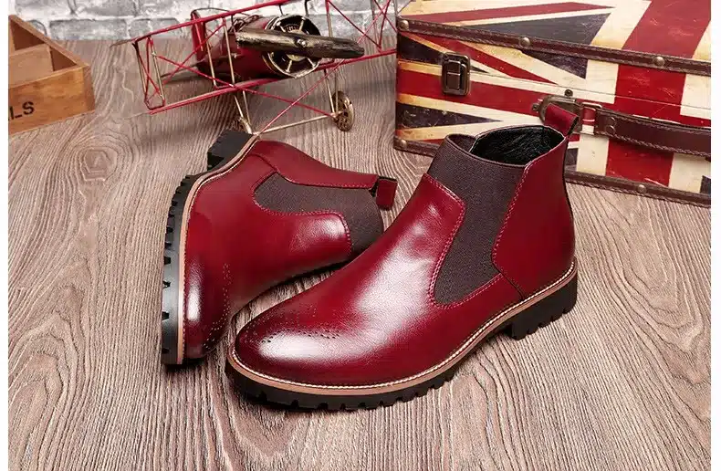 MRCCS Winter Fur/Spring Men's Chelsea Boots,British Style Fashion Ankle Boots,Black/Brown/Red Brogues Soft Leather Casual Shoes 9