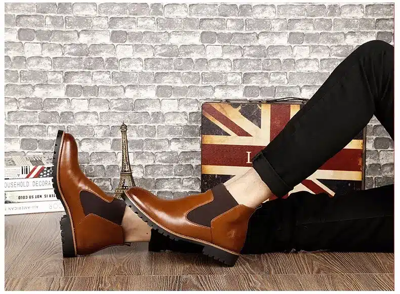 MRCCS Winter Fur/Spring Men's Chelsea Boots,British Style Fashion Ankle Boots,Black/Brown/Red Brogues Soft Leather Casual Shoes 12