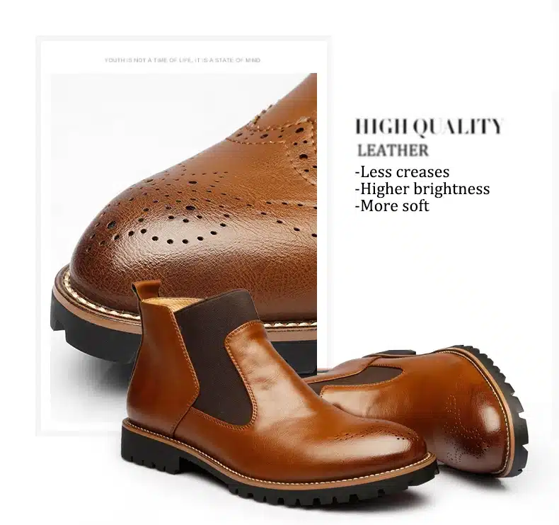 MRCCS Winter Fur/Spring Men's Chelsea Boots,British Style Fashion Ankle Boots,Black/Brown/Red Brogues Soft Leather Casual Shoes 15
