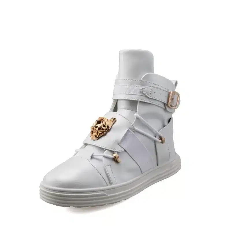 GZ Punk Rivet metal Hip Hop boots Men White Solid Dance Platform Flats Fashion buckle High Top Zapatillas Hombre #39 5