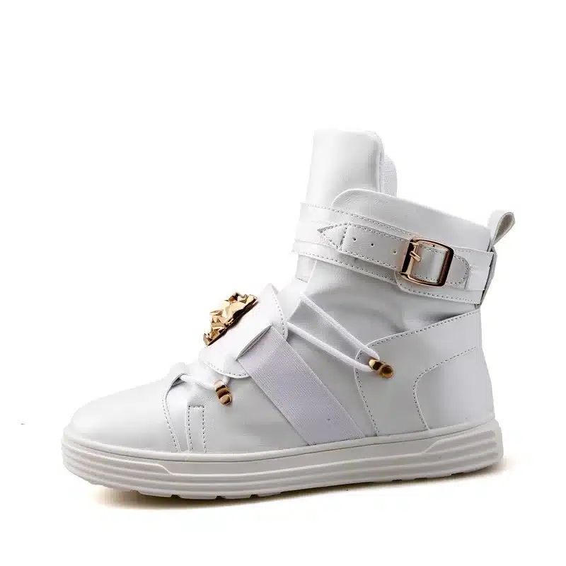GZ Punk Rivet metal Hip Hop boots Men White Solid Dance Platform Flats Fashion buckle High Top Zapatillas Hombre #39 7