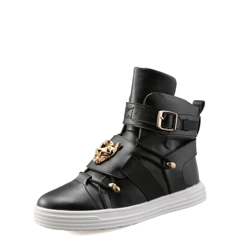 GZ Punk Rivet metal Hip Hop boots Men White Solid Dance Platform Flats Fashion buckle High Top Zapatillas Hombre #39 9